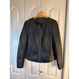 Long Tall Sally Leather Jacket Women Size 8 Black Collarless Zip Moto Grunge